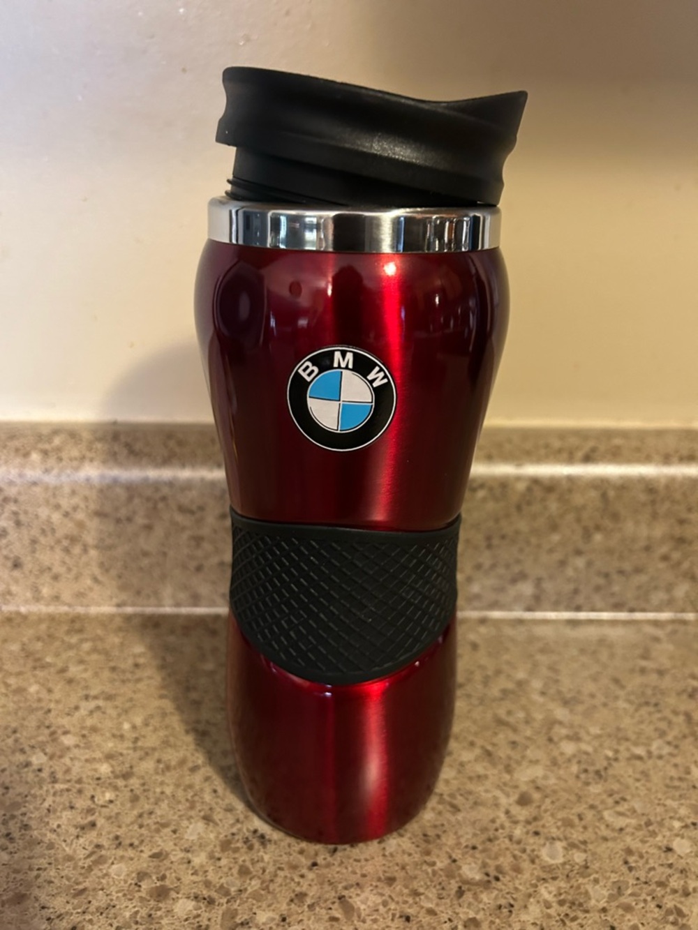 BMW Metallic Red Travel Mug with Black Grip and Silver Trim